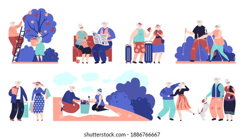 Elderly People. Seniors Outdoor, Old Person Walking Dog. Man Woman Fun Activities, Sport And Shopping, Grandparents Travel Vector Characters