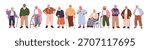 Elderly people set. Gray-haired senior aged men and women with cane, walker and wheelchair. Happy old retired male and female characters. Flat vector illustration isolated on white background
