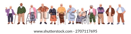 Elderly people set. Gray-haired senior aged men and women with cane, walker and wheelchair. Happy old retired male and female characters. Flat vector illustration isolated on white background