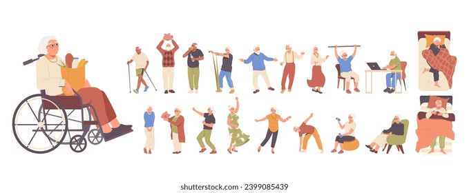 Elderly people set with happy retired man and woman daily routine activities, hobby and leisure time