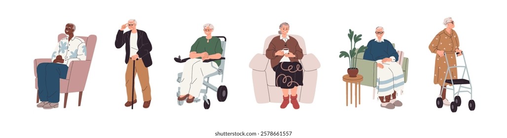 Elderly people set. Senior elder men, women sitting in armchair, wheelchair, walking with cane, walker. Old retired characters life, mobility. Flat vector illustration isolated on white background