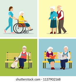 Elderly people set. Vector flat style illustration