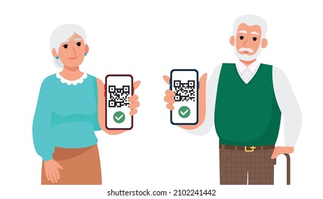 Personas mayores mostrando códigos qr en smartphones. Pasaporte de vacunación, certificado digital. Ilustración vectorial en estilo plano