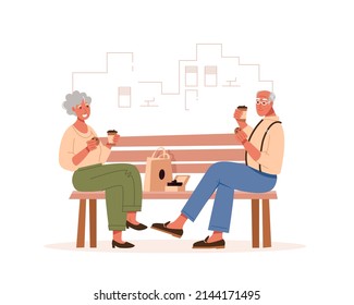 Elderly people sit on a bench in a city park and drink coffee. Flat vector illustration.