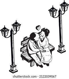 Elderly People Sit On Benches And Kiss. Isometric People And Street Light. Vector. Eps