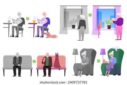 Elderly people sits in chair with dog or cat at home. Happy grandparent having a good time with a pet and monochrome sad alone. Lonely old people concept vector illustrations set