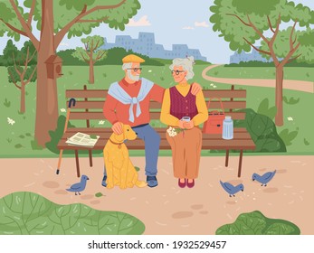 Elderly people sitting on bench in park, feeding pigeon birds, green trees and grass on background. Vector retired old pensioners having fun together, caucasian grandfather and grandmother on seat