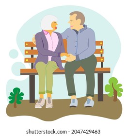 Elderly people are sitting on bench. Grandma and grandpa spend time together, talking in the fresh air. healthy lifestyle of the elderly, pensioners