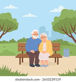 Elderly people sitting on bench in park.Happy senior people lifestyle concept. Vector Illustration