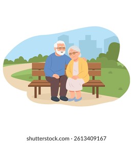 Elderly people sitting on bench in park.Happy senior people lifestyle concept. Vector Illustration