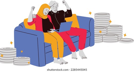 Elderly people sitting on sofa and watching laptop. Vector illustration