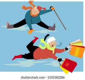 Elderly people slipping and falling on ice, EPS 8 vector illustration