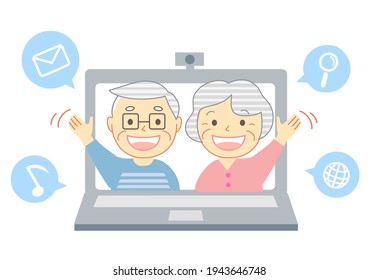 Elderly people with smiles talking through a computer
