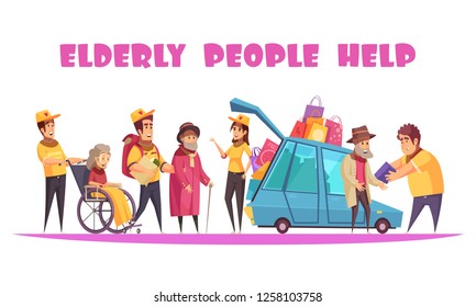Elderly people social support service helping with socializing walking shopping organizing activities in wheelchair cartoon vector illustration