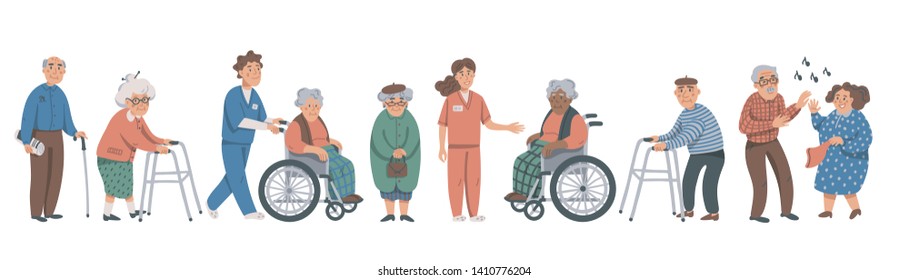 Elderly people and social workers. Grandparents and nurses on a white background. Vector illustration in a flat style