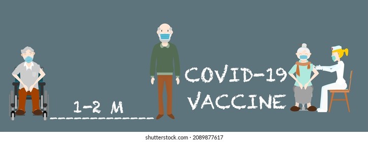 Elderly people are spaced one to two meters away from getting COVID-19 vaccine. Flat design vector illustration. Health and medical concept