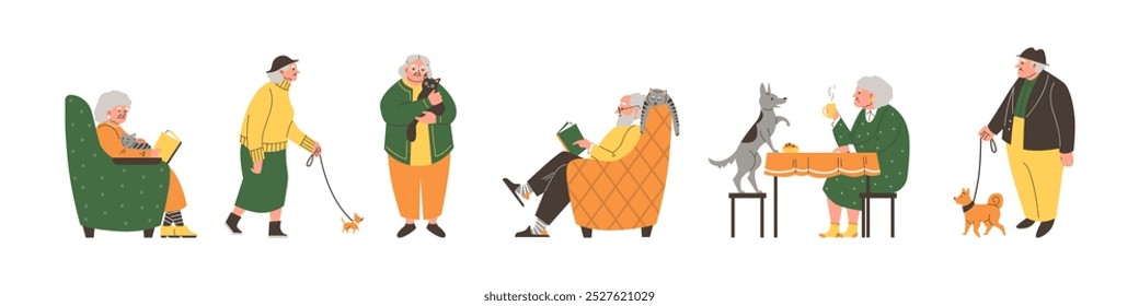 Elderly people spend time together with adorable pets. Women and men rest, eat, walk with cat or dog. Vector cartoon illustrations set of seniors owner with animal friend isolated. Love and care pet