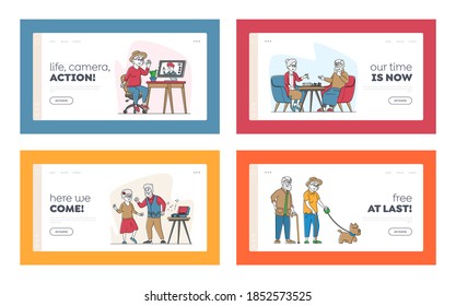 Elderly People Spending Time Engaging Hobby Landing Page Template Set. Listening Music, Playing Chess, Dance and Communicate Online. Characters Having Leisure Fun. Linear People Vector Illustration