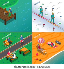 Elderly people spending time outdoors in different places 2x2 icons set isometric isolated vector illustration