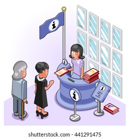 Elderly people stand at an information desk while a young lady hands out a brochure (isometric illustration)
