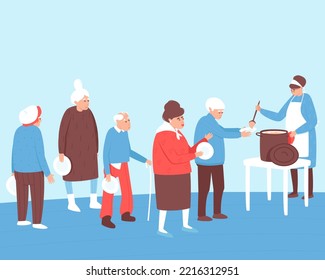 Personas mayores hacen fila para comidas sociales calientes. Actividades benéficas y voluntarias. Ayuda para personas en una situación difícil. Ilustración vectorial plana.