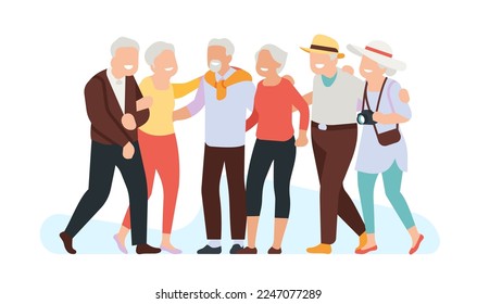 Elderly people standing together. Happy mature friends. Retired men and women hugging. Adult persons meeting. Grandparents friendship. Pensioners leisure. Seniors