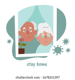 Elderly people stay at home during quarantine Coronavirus (2019-ncov or covid-19). The old man and the old woman are looking out the window. Illustration in cartoon style isolated on white background.