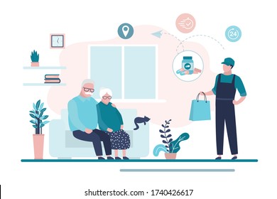 Elderly People Stay At Home. Free Medication Delivery. Online Pharmacy, Delivery Man Hold Bag With Medical Drugs. Grandparents Sitting On Sofa. Internet Drugstore. Healthcare Banner. Flat Vector