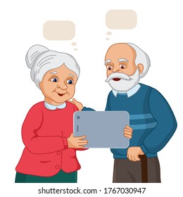 Elderly people studying computer. Online communication, senior couple with tablet, learning to use PC together.