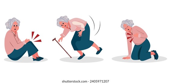 Elderly people suffer from joint pain. Osteoarthritis or arthritis concept. Vector illustration in flat style