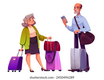 Elderly people with suitcase travel for business or vacation. Cartoon vector illustration set of senior man and woman with luggage. Male and female journey passenger with baggage bag in terminal.