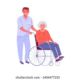 Elderly people support. Vector illustration of senior woman in a wheelchair and a nurse helping her. Isolated on white.