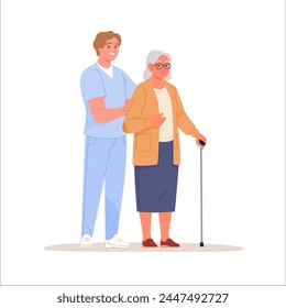 Elderly people support. Vector illustration of senior woman with walking stick and a young male nurse helping her. Isolated on white.