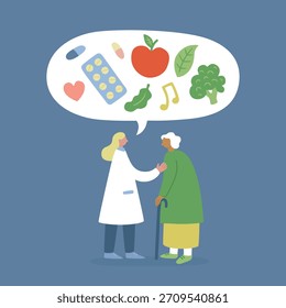 Asistencia de personas mayores. Ilustración vectorial de una mujer mayor con bastón y una joven enfermera ayudándola. Asesoramiento, atención y consulta en salud.