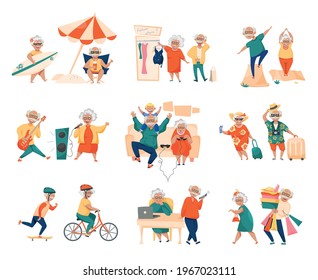 Elderly people surfing on beach shopping traveling playing with grandchildren exercising funny flat cartoon set vector illustration