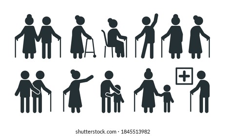 Elderly people symbols. Old persons stylized pictogram seniors in various pose vector set