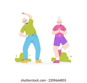 Elderly people take exercise. Seniors do yoga. Vector flat illustration isolated on white background