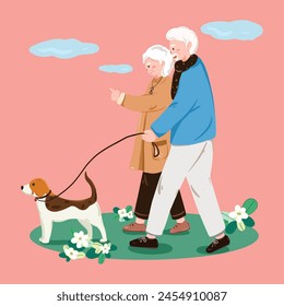 Elderly people take their dogs for a walk