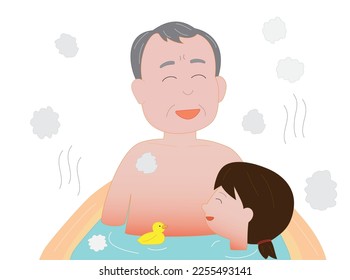 Elderly people taking a bath with their grandchildren.