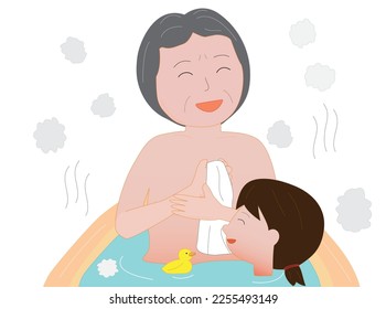 Elderly people taking a bath with their grandchildren.