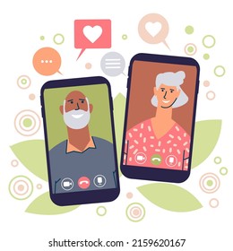 Elderly people talk via video call using mobile phones. Grandparents on phone screens with speech bubbles. The concept of virtual meetings, online dating. Flat vector isolated.