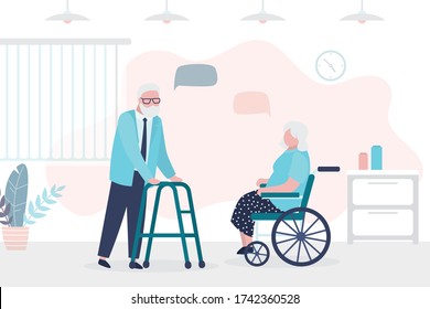 Elderly people talking. Seniors chatting in clinic hallway. Room interior. Grandfather and grandmother characters in trendy style. Communication between old people. Flat vector illustration