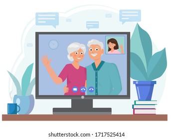 Elderly People Talking, Using Video Call On A Computer Monitor. Stay Home Concept