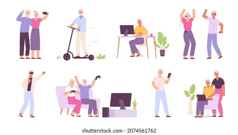 Elderly people with technology gadget, play video game. Senior family couple selfie. Old man and woman with communication device vector set. Retired person riding scooter, listening to music