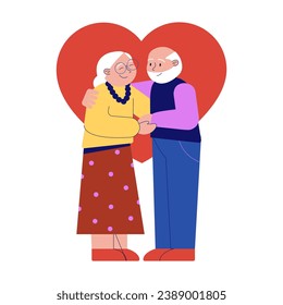 Elderly people together. Old couple hugging each other. Cartoon seniors couple. Grandparents in love. Love heart shape background. Relationship poster. Greeting card print with grandpa and grandma.