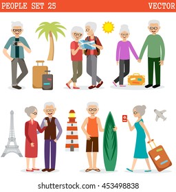 Elderly people travel all over the world and have a rest. Vector illustration