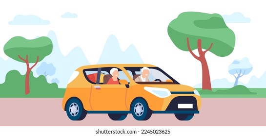 Elderly people traveling by car. Senior family road trip. Grandparent driving automobile. Adventure journey. Auto tourism. Mountain landscape. Summer outdoor vacation