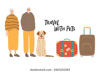 Elderly people traveling with dog. Smiling elderly couple, dog, suitcases. Senior woman and man with gray hair wearing fashionable casual clothes. Colored flat cartoon vector illustration isolated.