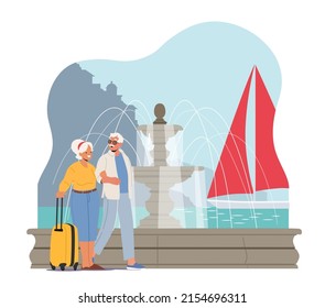 Personas de edad avanzada viajando en el extranjero. Personas de edad avanzada en el extranjero. Personajes principales de la pareja de turistas con maletas vigilando los monumentos de la ciudad a lo largo de las vistas del paisaje marino. Ilustración del vector de dibujos animados