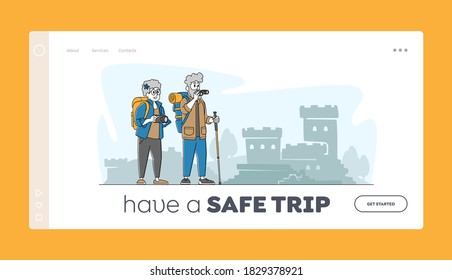 Elderly People Traveling Landing Page Template. Senior Tourist Couple Characters with Photo Camera and Luggage Backpack in Foreign Country Make Picture of Landmark in Trip. Linear Vector Illustration